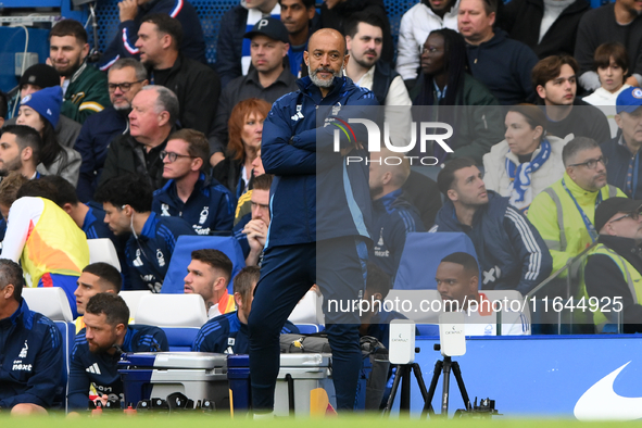 Nuno Espirito Santo, Nottingham Forest head coach, looks on during the Premier League match between Chelsea and Nottingham Forest at Stamfor...