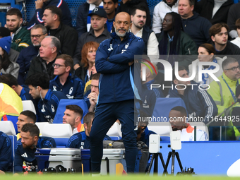 Nuno Espirito Santo, Nottingham Forest head coach, looks on during the Premier League match between Chelsea and Nottingham Forest at Stamfor...