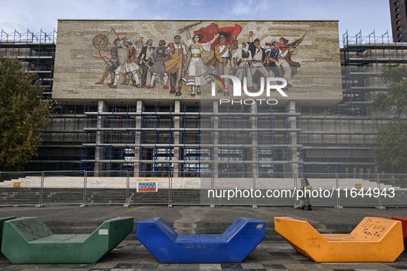 TIRANA, ALBANIA - SEPTEMBER 16:   
The colorful mosaic on the facade of the Palace of Culture, built in Tirana's main square between 1959 an...