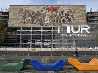 TIRANA, ALBANIA - SEPTEMBER 16:   
The colorful mosaic on the facade of the Palace of Culture, built in Tirana's main square between 1959 an...