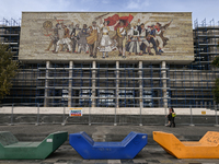 TIRANA, ALBANIA - SEPTEMBER 16:   
The colorful mosaic on the facade of the Palace of Culture, built in Tirana's main square between 1959 an...