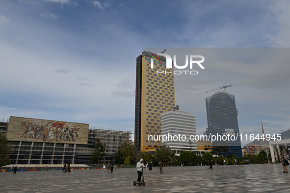 TIRANA, ALBANIA - SEPTEMBER 16:   
View of Skanderbeg Square, seen on September 16, 2024, in Tirana, Albania. 