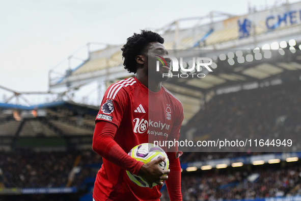 Ola Aina of Nottingham Forest participates in the Premier League match between Chelsea and Nottingham Forest at Stamford Bridge in London, E...