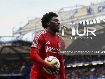 Ola Aina of Nottingham Forest participates in the Premier League match between Chelsea and Nottingham Forest at Stamford Bridge in London, E...