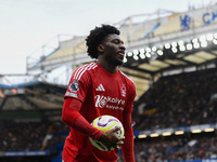 Ola Aina of Nottingham Forest participates in the Premier League match between Chelsea and Nottingham Forest at Stamford Bridge in London, E...