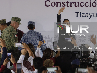 Claudia Sheinbaum (blue jacket), President of Mexico, signs the start of preliminary studies for the construction of the CDMX-Hidalgo-Monter...