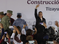 Claudia Sheinbaum (blue jacket), President of Mexico, signs the start of preliminary studies for the construction of the CDMX-Hidalgo-Monter...