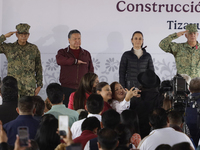 Claudia Sheinbaum (blue jacket), President of Mexico, signs the start of preliminary studies for the construction of the CDMX-Hidalgo-Monter...