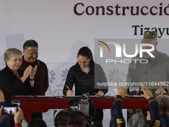 Claudia Sheinbaum, President of Mexico, on October 6, 2024, during the signing of the start of preliminary studies for the construction of t...