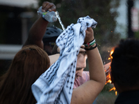 Police and bystanders extinguish the flames on a journalist with CBS who sets himself on fire while shouting ''Free Palestine'' at a demonst...