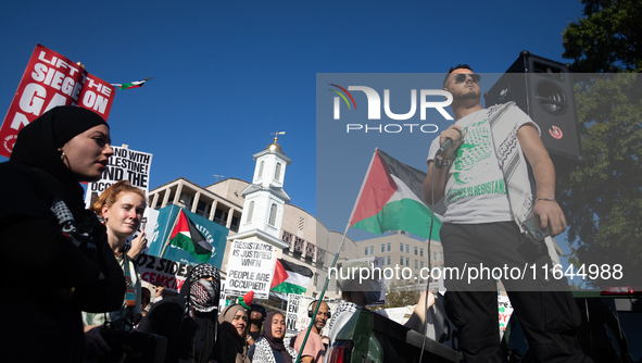 People demand ceasefires in Palestine and Lebanon at the White House in Washington, DC, on October 5, 2024. The protest is one of many world...