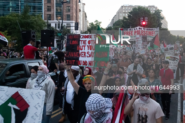 People demand ceasefires in Palestine and Lebanon in Washington, DC, on October 5, 2024. The protest is one of many worldwide marking one ye...