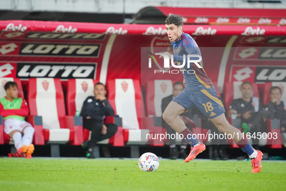 Matias Soule plays during the match between AC Monza and AS Roma in Serie A at U-Power Stadium in Monza, Italy, on October 6, 2024. 