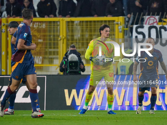 Mile Svilar plays during the match between AC Monza and AS Roma in Serie A at U-Power Stadium in Monza, Italy, on October 6, 2024. (