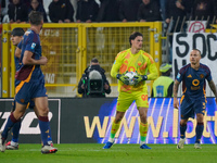 Mile Svilar plays during the match between AC Monza and AS Roma in Serie A at U-Power Stadium in Monza, Italy, on October 6, 2024. (