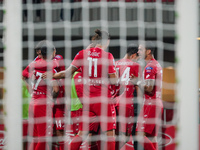 The team of AC Monza celebrates a goal during the match between AC Monza and AS Roma in Serie A at U-Power Stadium in Monza, Italy, on Octob...