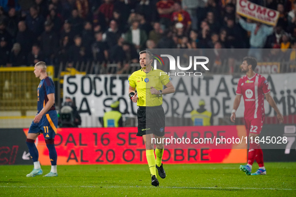 Federico La Penna serves as the referee during the AC Monza against AS Roma Serie A match at U-Power Stadium in Monza, Italy, on October 6,...