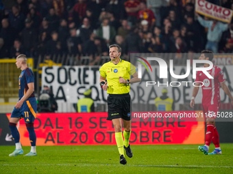 Federico La Penna serves as the referee during the AC Monza against AS Roma Serie A match at U-Power Stadium in Monza, Italy, on October 6,...