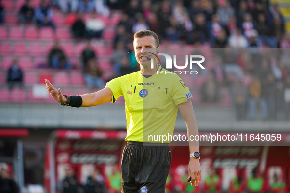 Federico La Penna serves as the referee during the AC Monza against AS Roma Serie A match at U-Power Stadium in Monza, Italy, on October 6,...