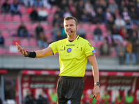 Federico La Penna serves as the referee during the AC Monza against AS Roma Serie A match at U-Power Stadium in Monza, Italy, on October 6,...