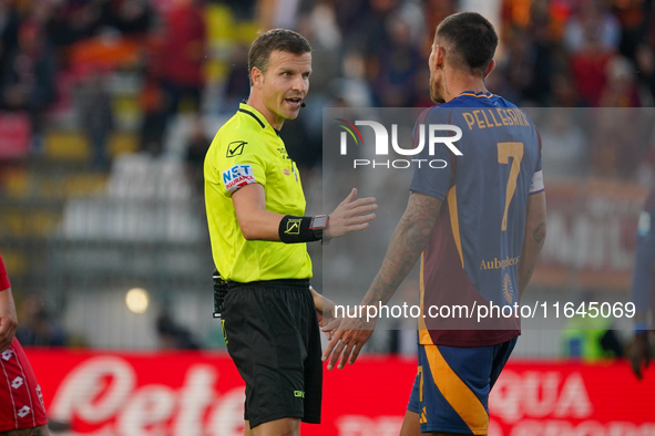 Federico La Penna serves as the referee during the AC Monza against AS Roma Serie A match at U-Power Stadium in Monza, Italy, on October 6,...