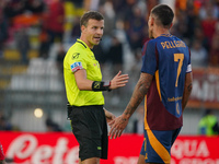 Federico La Penna serves as the referee during the AC Monza against AS Roma Serie A match at U-Power Stadium in Monza, Italy, on October 6,...