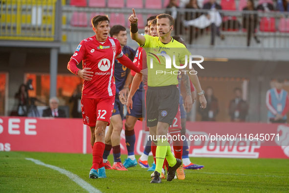 Federico La Penna serves as the referee during the AC Monza against AS Roma Serie A match at U-Power Stadium in Monza, Italy, on October 6,...