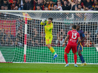 Mile Svilar plays during the match between AC Monza and AS Roma in Serie A at U-Power Stadium in Monza, Italy, on October 6, 2024. (