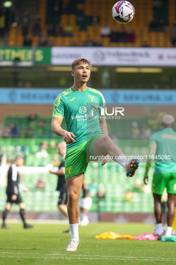 Callum Doyle of Norwich City warms up before the Sky Bet Championship match between Norwich City and Hull City at Carrow Road in Norwich, En...