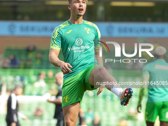 Callum Doyle of Norwich City warms up before the Sky Bet Championship match between Norwich City and Hull City at Carrow Road in Norwich, En...