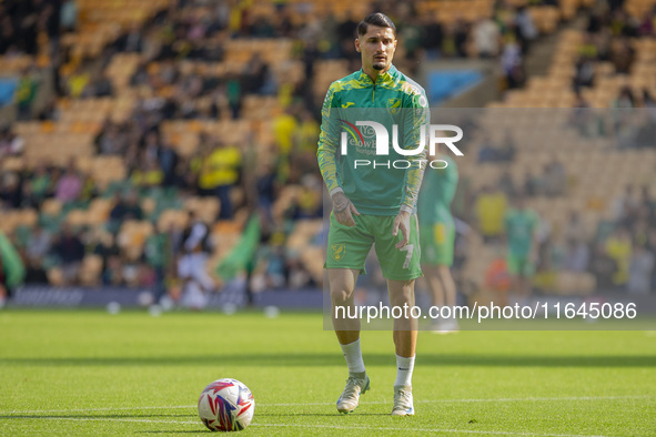 Borja Sainz of Norwich City warms up before the Sky Bet Championship match between Norwich City and Hull City at Carrow Road in Norwich, Eng...