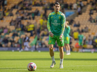 Borja Sainz of Norwich City warms up before the Sky Bet Championship match between Norwich City and Hull City at Carrow Road in Norwich, Eng...