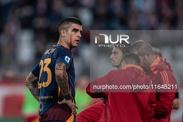 Gianluca Mancini of AS Roma is injured during the Serie A match between Monza and AS Roma at U-Power Stadium in Monza, Italy, on October 6,...