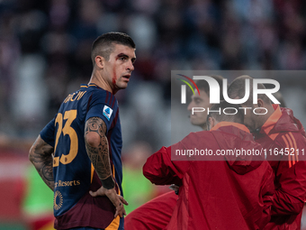 Gianluca Mancini of AS Roma is injured during the Serie A match between Monza and AS Roma at U-Power Stadium in Monza, Italy, on October 6,...