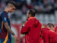 Gianluca Mancini of AS Roma is injured during the Serie A match between Monza and AS Roma at U-Power Stadium in Monza, Italy, on October 6,...