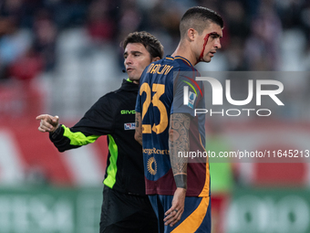 Gianluca Mancini of AS Roma is injured during the Serie A match between Monza and AS Roma at U-Power Stadium in Monza, Italy, on October 6,...