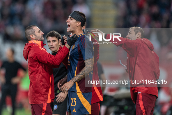 Gianluca Mancini of AS Roma participates in the Serie A match between Monza and AS Roma at U-Power Stadium in Monza, Italy, on October 6, 20...