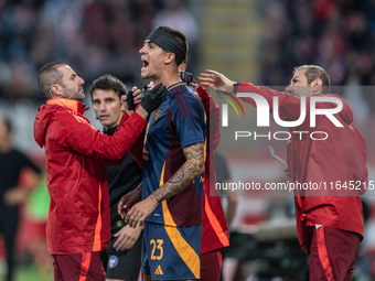 Gianluca Mancini of AS Roma participates in the Serie A match between Monza and AS Roma at U-Power Stadium in Monza, Italy, on October 6, 20...