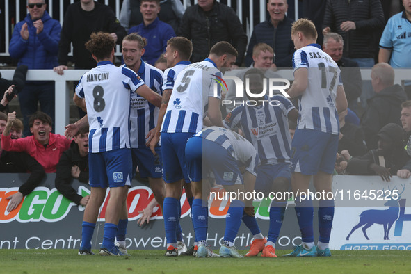 Mani Dieseruvwe of Hartlepool United celebrates after scoring their fourth goal during the Vanarama National League match between Hartlepool...