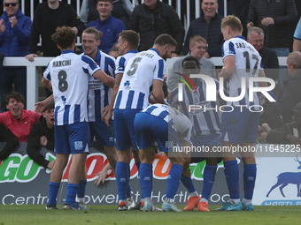 Mani Dieseruvwe of Hartlepool United celebrates after scoring their fourth goal during the Vanarama National League match between Hartlepool...