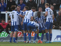 Mani Dieseruvwe of Hartlepool United celebrates after scoring their fourth goal during the Vanarama National League match between Hartlepool...