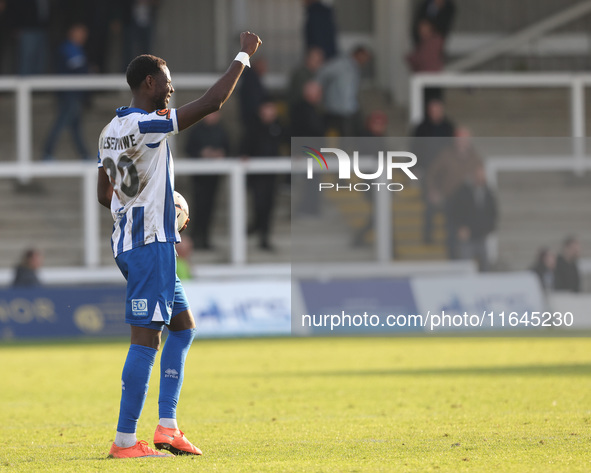 Mani Dieseruvwe of Hartlepool United celebrates after scoring a hat trick during the Vanarama National League match between Hartlepool Unite...