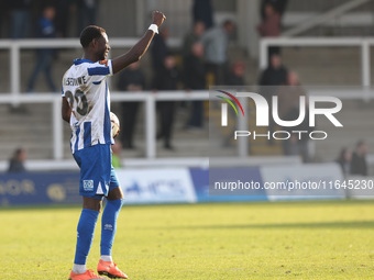 Mani Dieseruvwe of Hartlepool United celebrates after scoring a hat trick during the Vanarama National League match between Hartlepool Unite...