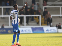 Mani Dieseruvwe of Hartlepool United celebrates after scoring a hat trick during the Vanarama National League match between Hartlepool Unite...