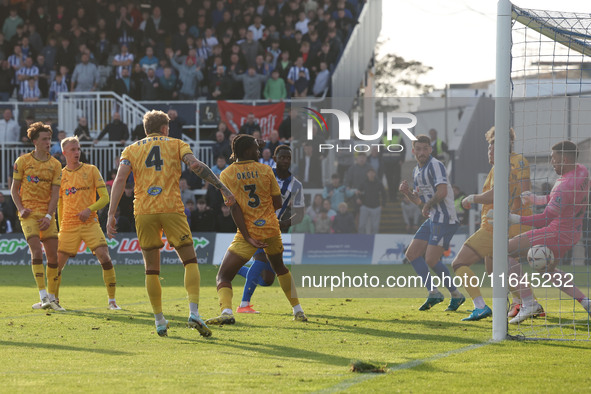 Mani Dieseruvwe of Hartlepool United scores their fourth goal during the Vanarama National League match between Hartlepool United and Sutton...