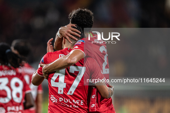 Dani Mota of AC Monza celebrates the goal with his teammate Pablo Mari during the Serie A match between Monza and AS Roma at U-Power Stadium...