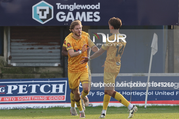 Lewis Simper of Sutton United celebrates after scoring their third goal during the Vanarama National League match between Hartlepool United...