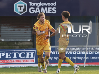 Lewis Simper of Sutton United celebrates after scoring their third goal during the Vanarama National League match between Hartlepool United...