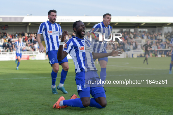 Mani Dieseruvwe of Hartlepool United celebrates after scoring to put Hartlepool United 3-2 up during the Vanarama National League match betw...