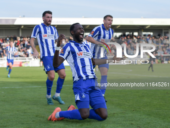 Mani Dieseruvwe of Hartlepool United celebrates after scoring to put Hartlepool United 3-2 up during the Vanarama National League match betw...